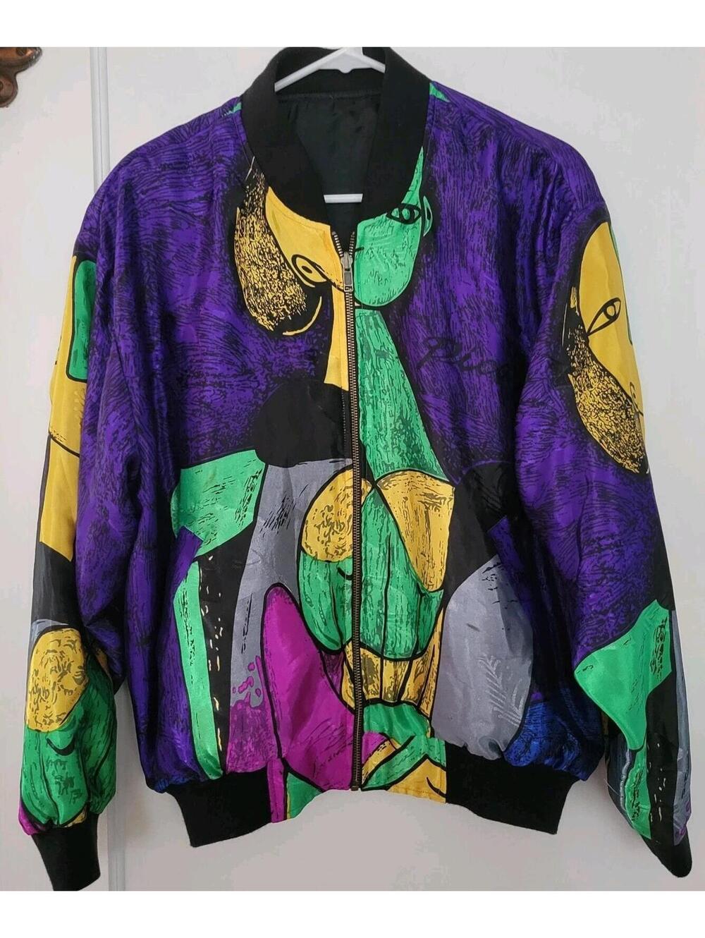 Vintage Picasso Abstract Faces Polyester Bomber Zip Jacket OS Reversible Women